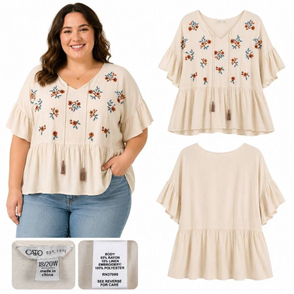 Cato Cream Embroidered Peplum Top Short Sleeve Size 18 20W
